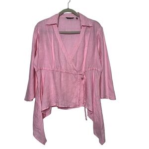 Samuel Dong Pink 100% Linen Wrap Blouse Top Size Extra Large